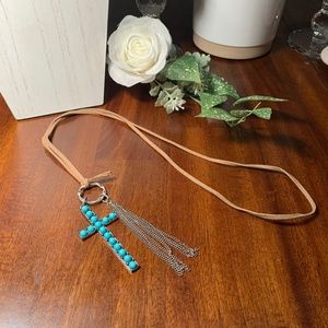 Turquoise Cross Tassel Pendant Necklace, on Suede 36” Cord
